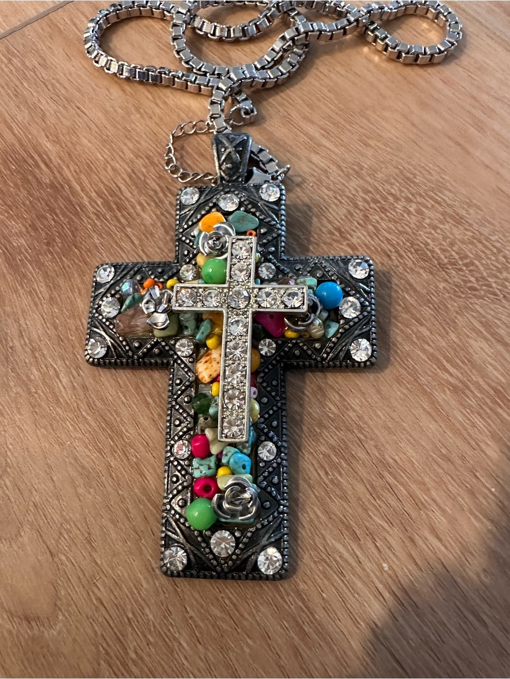 Rhinestone Cross Pendant Necklace with Multicolor Bead Accents